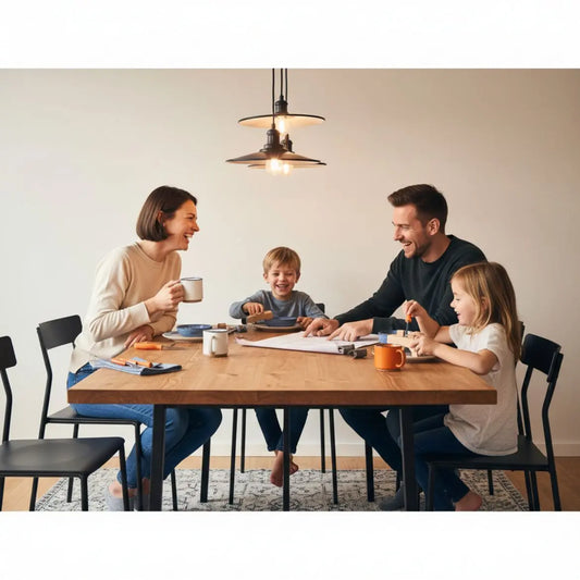Gemütliche Familie am Holztisch mit warmem Licht, Holz- und Metalldetails – ideale Stimmung für Geschenkideen Konfirmation Patenkind.