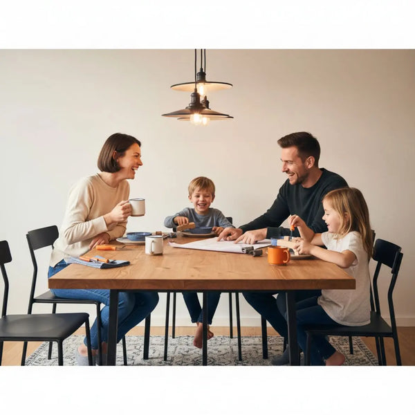 Gemütliche Familie am Holztisch mit warmem Licht, Holz- und Metalldetails – ideale Stimmung für Geschenkideen Konfirmation Patenkind.