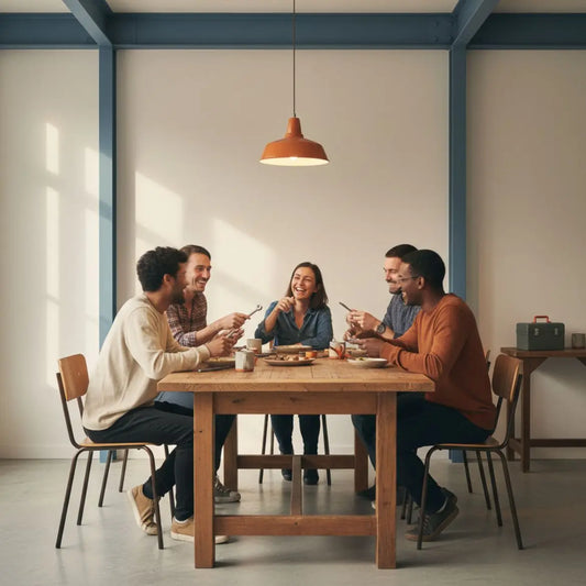 Gemütliche Szene: kleine Familie um Esstisch im warmen Licht, Holzoberflächen und dezente Metalldetails, Stimmungshot mit Händen beim Teilen – geschenkideen lehrer