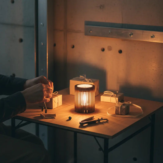Handliches Holztischchen mit Werkzeug und kleinen Geschenkboxen, Hände basteln bei warmem Licht – geschenkideen mama selber machen, Hintergrund #FAFAFF, Akzente #ff9800 und #0044CC