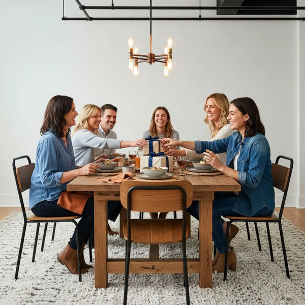 Kleine Familie lacht um rustikalen Holztisch mit mehreren kleinen Geschenken im warmen, leicht industriellen Esszimmer – geschenkideen männer im Fokus.