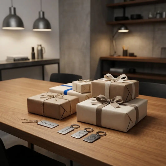 Nahaufnahme eines Esstischs mit sorgfältig verpackten Geschenken in Braun und Creme und gravierbaren Metallanhängern auf Holzoberfläche, geschenkideen masterabschluss