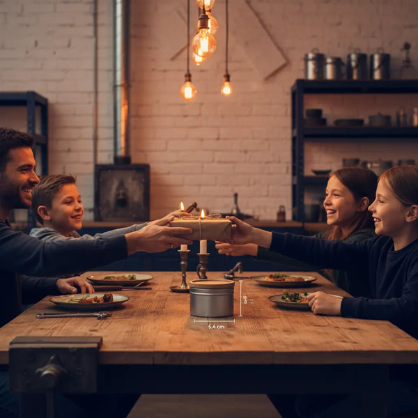 Intimes Abendessen mit Geschenkübergabe in warmer, leicht industrieller Küche; Hände reichen ein Geschenk — Geschenkideen Mutter