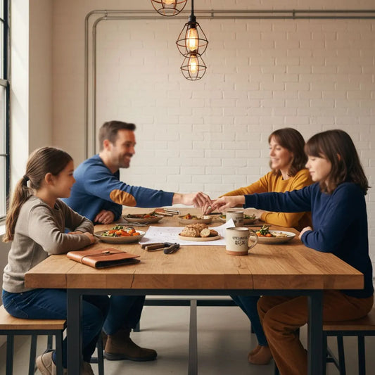 Kleine Familie um einen Esstisch mit warmem Licht, leichte Industrie-Metalldetails und Holzoberflächen, Hände reichen Teller – geschenkideen schwägerin