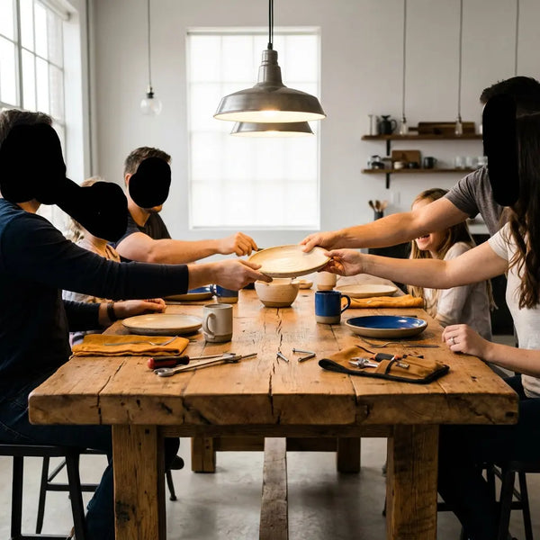 Kleine Familie und Freunde am Holz-Esstisch, Hände greifen nach Tellern und Werkzeugen, warmes Licht und dezente Metalldetails – ideales Motiv für geschenkideen schwiegermutter