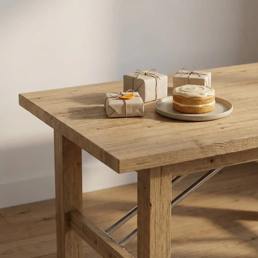 geschenkideen schwiegertochter schlichter Esstisch mit wenigen Geschenken und kleiner Vanilletorte, warme Lichtstimmung, Holzmaserung und gebürstete Metalldetails in minimalistischem Look