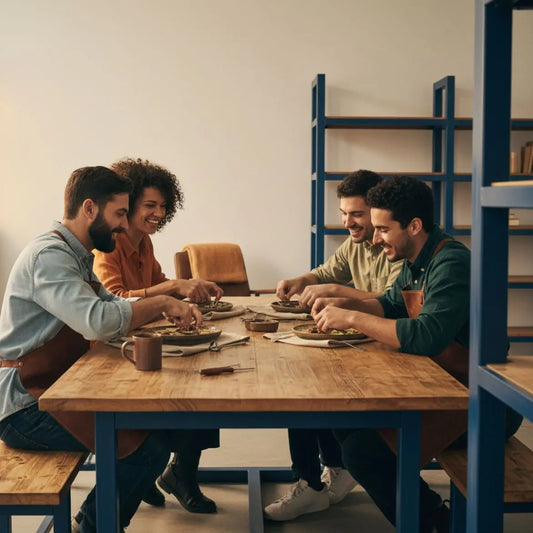 Kleine Familie teilt warmes Essen und Lachen am Esstisch in einem industriell-minimalistischen Zuhause mit Holz- und Metalldetails – geschenkideen senioren