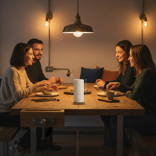 Kleine Familie lacht am Holztisch in warmem, leicht-industriellem Ambiente; Produkt aus den Referenzfotos im Vordergrund — geschenkideen statt blumen.