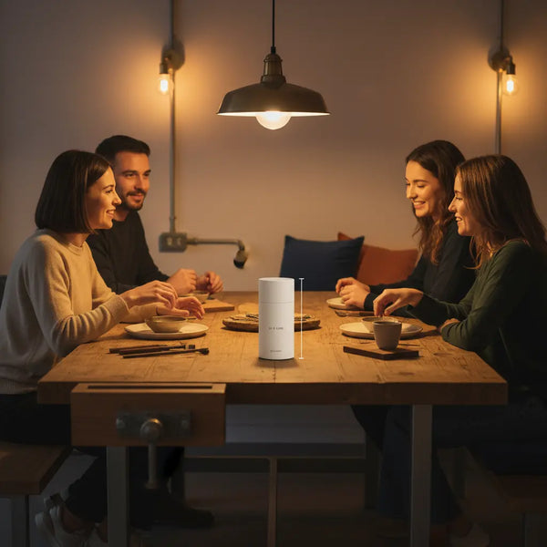 Kleine Familie lacht am Holztisch in warmem, leicht-industriellem Ambiente; Produkt aus den Referenzfotos im Vordergrund — geschenkideen statt blumen.