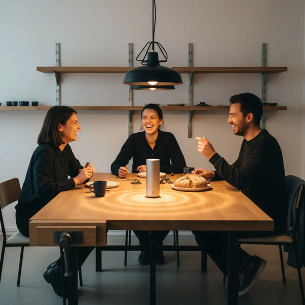 Kleine Familie am Esstisch in warmer, minimalistischer Wohnszene mit Metall- und Holzdetails, Produkt sichtbar auf dem Tisch — Geschenkideen werdende Eltern