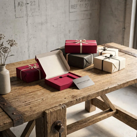 Rustikaler Holztisch mit rubinroten Geschenken, geöffnete Geschenkbox mit gravierter Metallkarte und dezenter Vase, Betonwand im Hintergrund, Geschenkideen zum 40. Hochzeitstag