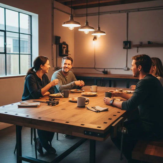 Kleine Gruppe um Esstisch mit industriellem Charme, Metall- und Holzdetails, warmes Licht — geschenkideen zum firmenjubiläum