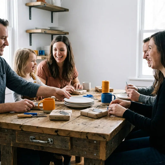 Nahaufnahme eines gedeckten Holztisches mit kleinen Geschenken und Metalldetails, warme Seitenbeleuchtung und industrielle Akzente – Geschenkideen zur Aufmunterung