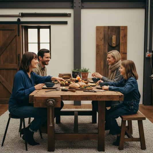 Kleine Familie versammelt sich um Holztisch in leicht industriellem Zuhause mit warmem Licht und Metalldetails, gemeinsames Lachen und Hände im Austausch — geschenkkorb ideen