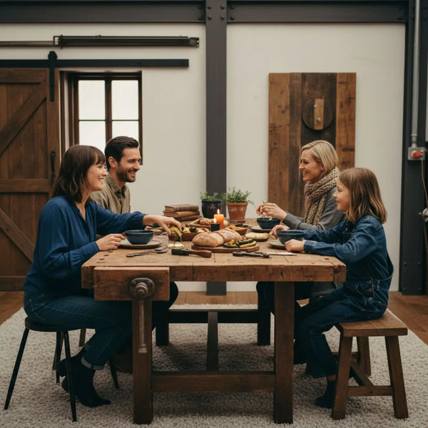 Kleine Familie versammelt sich um Holztisch in leicht industriellem Zuhause mit warmem Licht und Metalldetails, gemeinsames Lachen und Hände im Austausch — geschenkkorb ideen