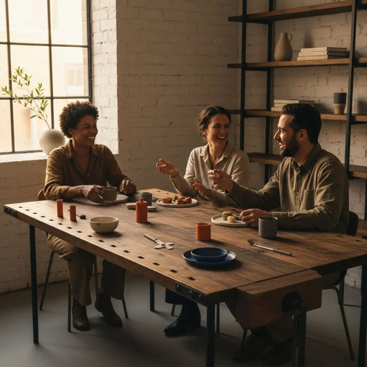 Kleine Familie an einem industriellen Esstisch mit warmem Licht, Holz- und Metalldetails, intime, natürliche Szene – geschenkkorb ideen männer