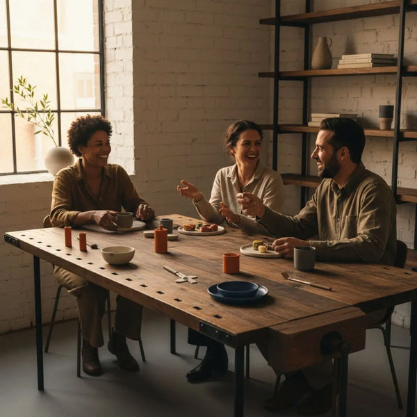 Kleine Familie an einem industriellen Esstisch mit warmem Licht, Holz- und Metalldetails, intime, natürliche Szene – geschenkkorb ideen männer