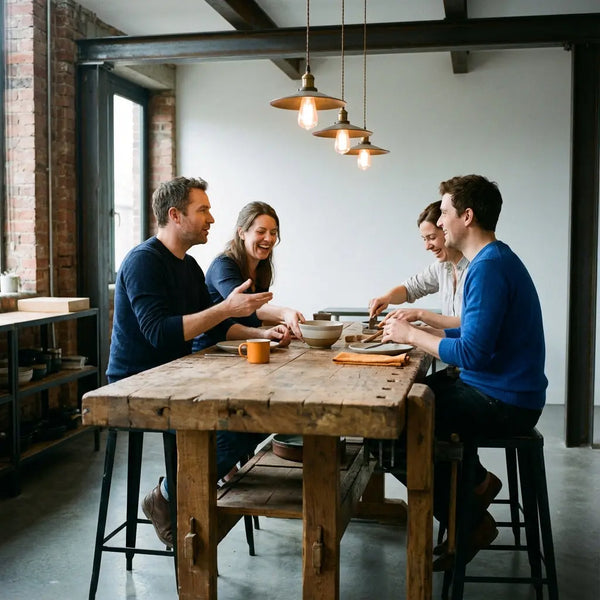 Kleine Familie am Esstisch in warmem, leicht industriellem Zuhause mit Holzoberflächen, Metalldetails und herzlichem Zusammensein – Glücksbringer Japan