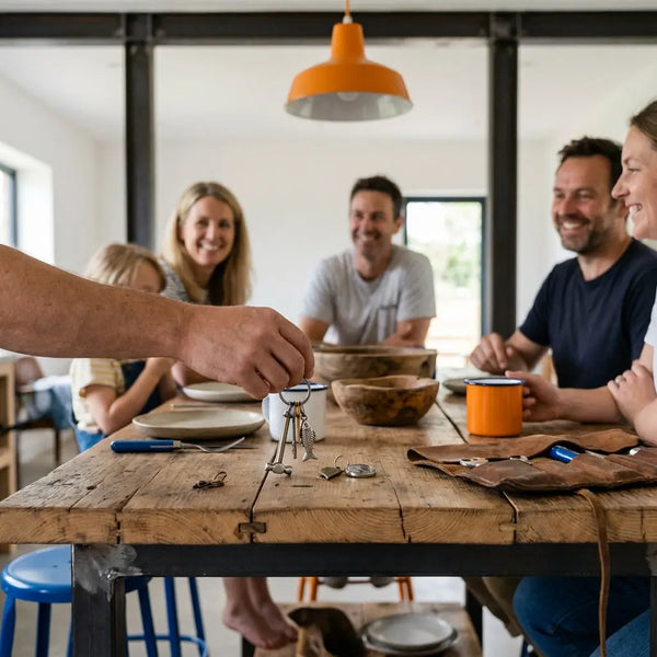 Familie am Holztisch tauscht kleine Metallanhänger als glücksbringer silvester, warme Beleuchtung, leichte Industrieakzente, Handszene, Full Frame, keine schwarzen Balken
