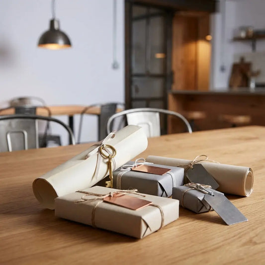 glückwünsche bachelor: Nahaufnahme von sorgfältig verpackten Geschenken mit metallischen Anhängern auf einem minimalistischen Esstisch in einem warmen, leicht industriellen Zuhause