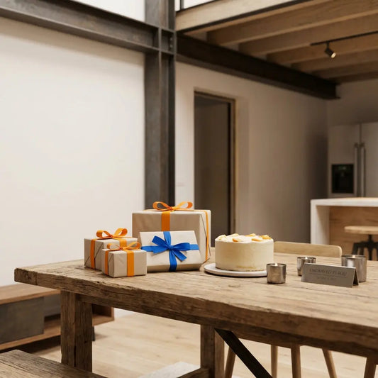 Minimalistische Esszimmerszene mit Holztisch, sorgfältig verpackten Geschenken, schlichter Vanilletorte und Metallakzenten in warmem Licht, geeignet für glückwünsche diamantene hochzeit