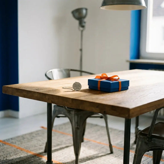 Minimalistische Detailaufnahme eines Esstisches mit Geschenken, graviertem Metallanhänger und geschlossener Geschenkbox, warme Lichtstimmung, Holzoberfläche, glückwünsche masterabschluss