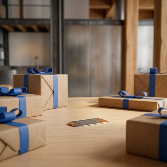 Minimalistischer Holztisch mit sorgfältig verpackten Geschenken und graviertem Metallanhänger als Fokus, warme Lichtstimmung – glückwünsche werdender vater