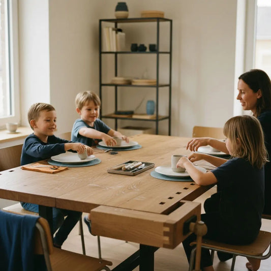 glückwünsche zum 60. geburtstag mann: Familie am Esstisch, Fokus auf Hände, warme Holzoberflächen und Metallakzente in hellem, minimalistischen Interieur