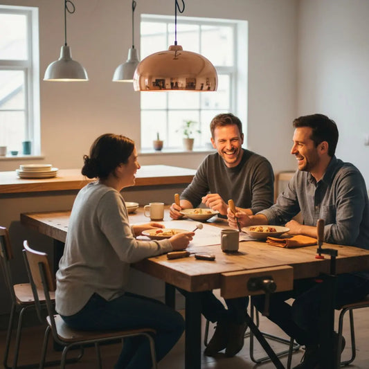 Kleine Familie lacht und teilt Essen an einem warmen, leicht industriellen Esstisch mit Metallakzenten und Holzoberflächen – glückwünsche zum firmenjubiläum