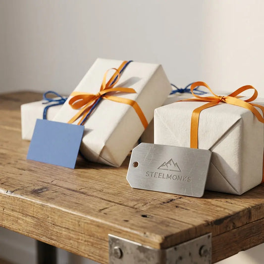 Nahaufnahme von sorgfältig verpackten Geschenken auf einem Holztisch mit dezent graviertem Metallanhänger, warmes Licht, minimalistischer Steelmonks-Stil — Glückwünsche zum Studienabschluss persönlich