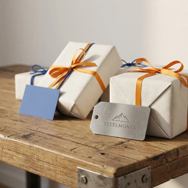 Nahaufnahme von sorgfältig verpackten Geschenken auf einem Holztisch mit dezent graviertem Metallanhänger, warmes Licht, minimalistischer Steelmonks-Stil — Glückwünsche zum Studienabschluss persönlich