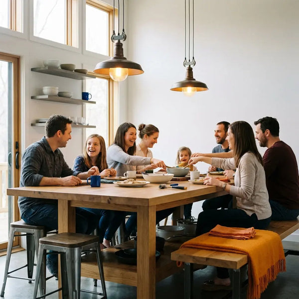 Kleine Familie und Freunde am Holztisch, warme Atmosphäre, Nähe und Lachen – glückwünsche zur babyparty in einem leicht industriell geprägten Wohnzimmer