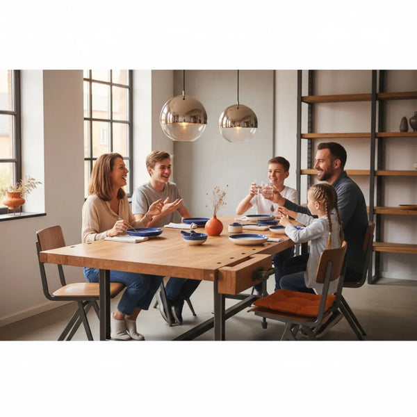 Glückwünsche zur Geburt: warme, realistische Szene einer kleinen Familie am Esstisch, Hände greifen nach Tellern, leichter industrieller Charme mit Metall und Holz.