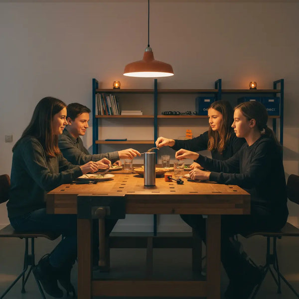 Intime, abendliche Familienrunde bei einer goldene hochzeit tradition: minimalistischer Tisch, warmes Licht, Holz- und Metalldetails, Hände teilen Essen.