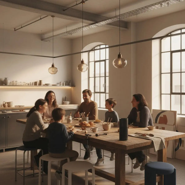 Kleine Gruppe an Esstisch/Werkbank in warmem, industriellem Zuhause mit Holz- und Metalldetails; gemeinsamen Lachen und Hände, die nach Tellern oder Werkzeugen greifen. gravur kosten
