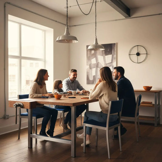 Kleine Familie am Esstisch in warmem, leicht industriellem Zuhause mit Holz- und Metalldetails, gemeinsames Lachen als größter Liebesbeweis