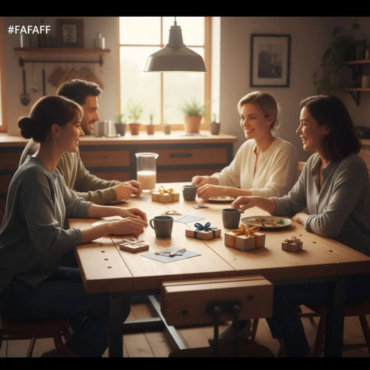 Kleine Familie verpackt Gutscheine am Holztisch mit Metallakzenten und warmem Licht – minimalistisches, gemütliches Motiv zum Gutschein verpacken.