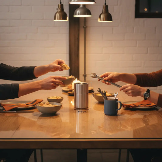 Warme Abendstimmung mit Händen, die Snacks an einem Holztisch teilen, dezente Metallakzente und das Produkt aus den Referenzfotos sichtbar – gutscheine für frauen