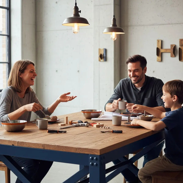 Kleine Familie lacht vereint am Esstisch im warmen, industriellen Zuhause beim gemeinsamen Moment – gutscheine verschenken in einer natürlichen, minimalistischen Szene