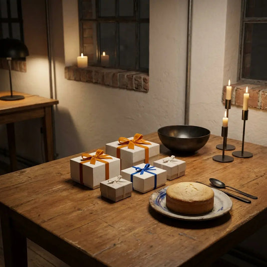 Gemütliches Esszimmer mit Holztisch, mehreren Geschenkboxen und Vanillekuchen in warmem, leicht industriellem Stil; Metallakzente und Holzoberflächen, ideale gutscheinideen freund