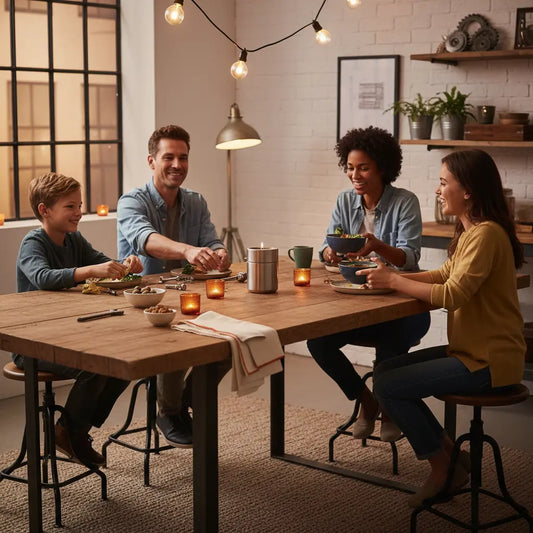 Intimes Abendessen mit Familie an Holztisch in warmer Industrie-Ästhetik, Hände greifen nach Tellern, Produkt aus Referenzfotos sichtbar – passend für gutscheinideen für mama