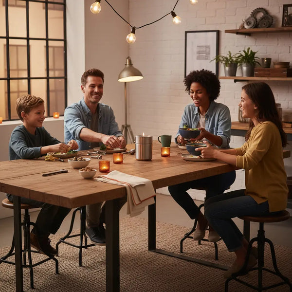 Intimes Abendessen mit Familie an Holztisch in warmer Industrie-Ästhetik, Hände greifen nach Tellern, Produkt aus Referenzfotos sichtbar – passend für gutscheinideen für mama