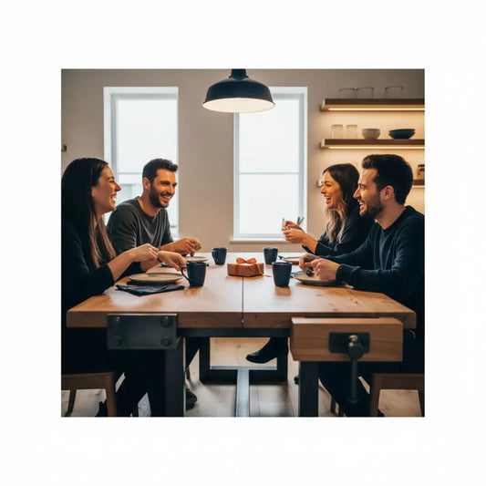 Kleine Gruppe am warm beleuchteten Esstisch mit Holz und Metalldetails, Hände greifen nach Tellern und einem Hochzeitsgeschenk ohne Einladung