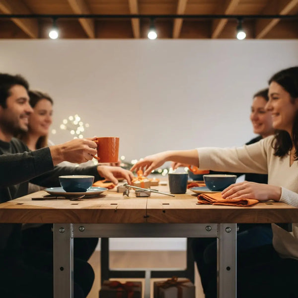Kleine Familie am Esstisch, Hände greifen nach Tellern und hochzeitsgeschenke personalisiert, warme industrielle Atmosphäre mit Holz- und Metalldetails