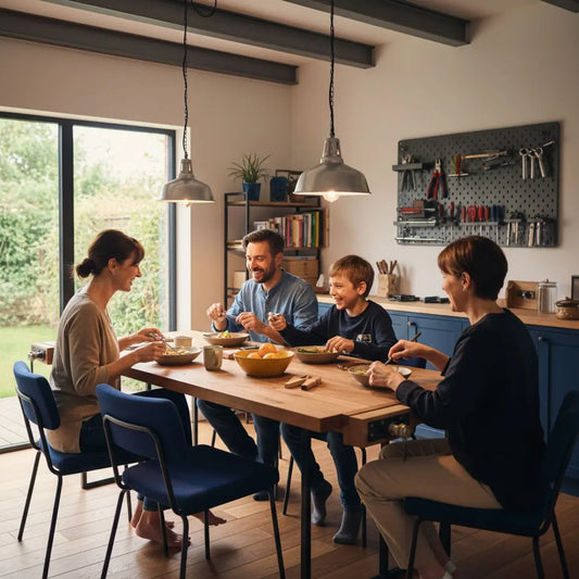 Kleine Familie beim gemeinsamen Essen an Holz­tisch mit warmem Licht und dezenten Metalldetails – ideen hochzeitstag