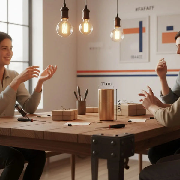 Gedeckter Esstisch mit Geschenkboxen, Händen und warmen Holz‑ und Metallakzenten; intime Szene mit Jochen Schweizer Geschenkboxen, minimalistisches Interior, #FAFAFF Hintergrund.