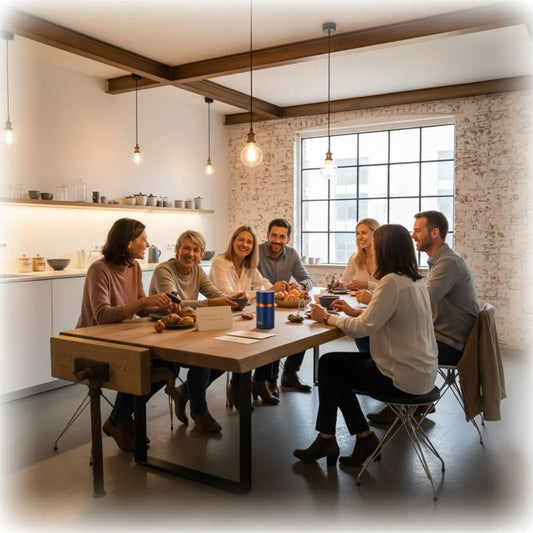 Kleine Familie an Holztisch in warmer Industrie-Wohnküche mit handsignierten Geschenkkarten, Umschlag, kleinem Anhänger – jochen schweizer gutschein einlösen