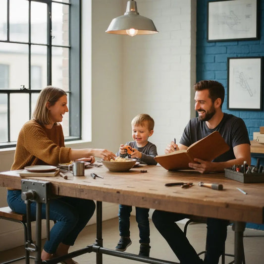 Familie an Holz-Esstisch, warme Stimmung, Hände reichen kleine geschenke für kollegen, leichte Industrieakzente mit Metalldetails, minimalistisches, aufgeräumtes Bild