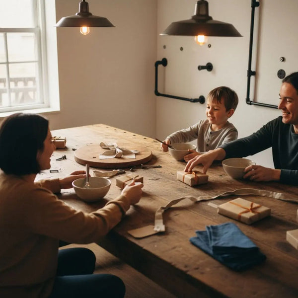 Familie am Esstisch mit kleinen weihnachtsgeschenken auf Holzoberfläche, warme Lichtstimmung und dezente Metalldetails, Fokus auf Hände und Geschenkdetails