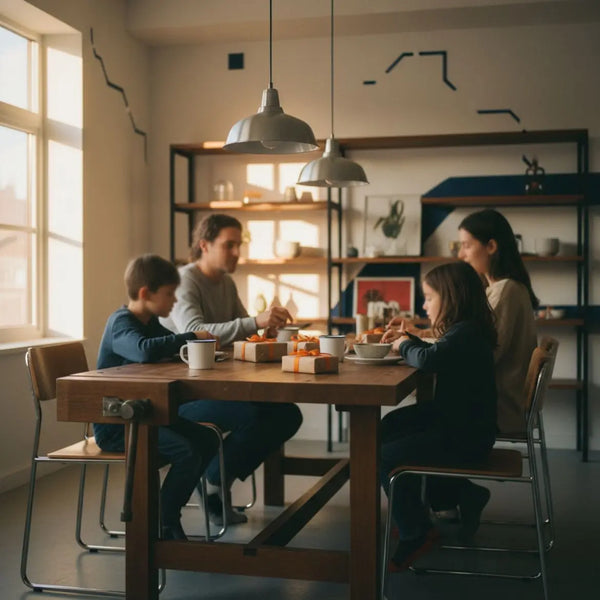 Kleine Familie um Esstisch mit kleinen Weihnachtsgeschenken auf Holz, warmes Licht, dezente Metalldetails, gemütliche, natürliche Atmosphäre